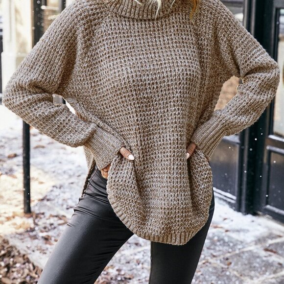 Khaki Casual Women's Turtleneck Raglan Sleeve Sweater - Picture 4 of 6